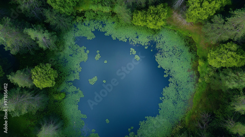 Aerial view of a circular pond surrounded by lush green forest