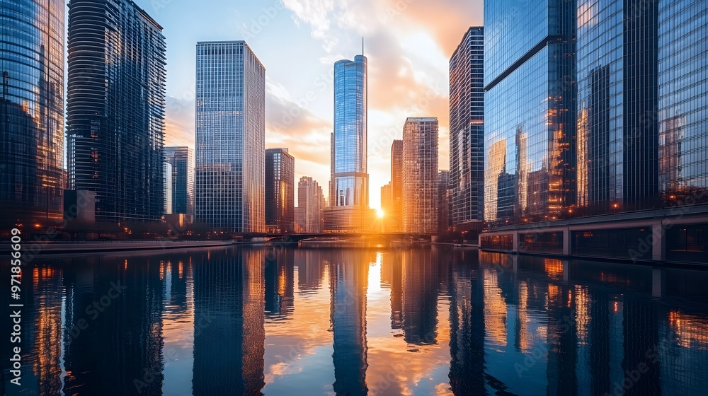 Obraz premium Skyscrapers Reflecting in a City River at Sunset