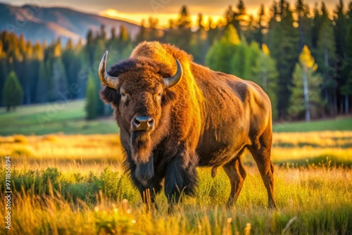 A majestic American bison, also known as a bisonte, stands proudly in a sun-lit meadow, its shaggy fur photo