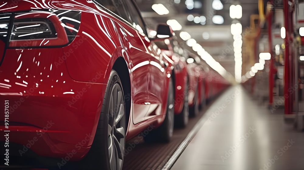 Red cars in a modern factory setting, showcasing automobile production line and innovative manufacturing technology. Red cars in a modern factory setting, showcasing automobile production line and innovative manufacturing technology.