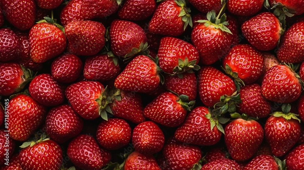 Vibrant red strawberries fill the frame, showcasing their ripe, juicy texture and glossy surface. The close-up view highlights the fruit's seeds and lush green stems. Vibrant red strawberries fill the frame, showcasing their ripe, juicy texture and glossy surface. The close-up view highlights the fruit's seeds and lush green stems.
