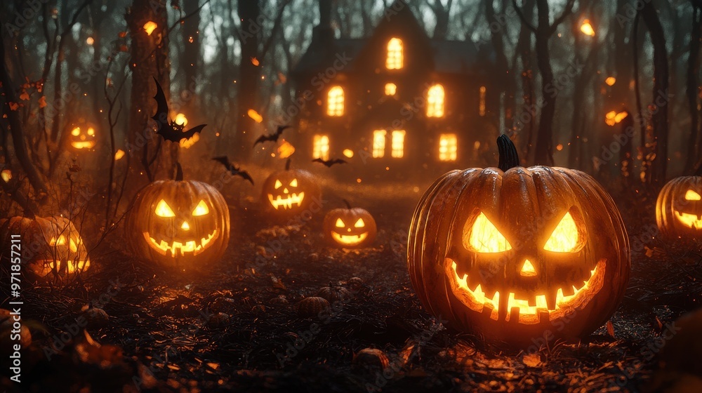 Halloween Jack O Lanterns in Spooky Forest with Haunted House Halloween Jack O Lanterns in Spooky Forest with Haunted House