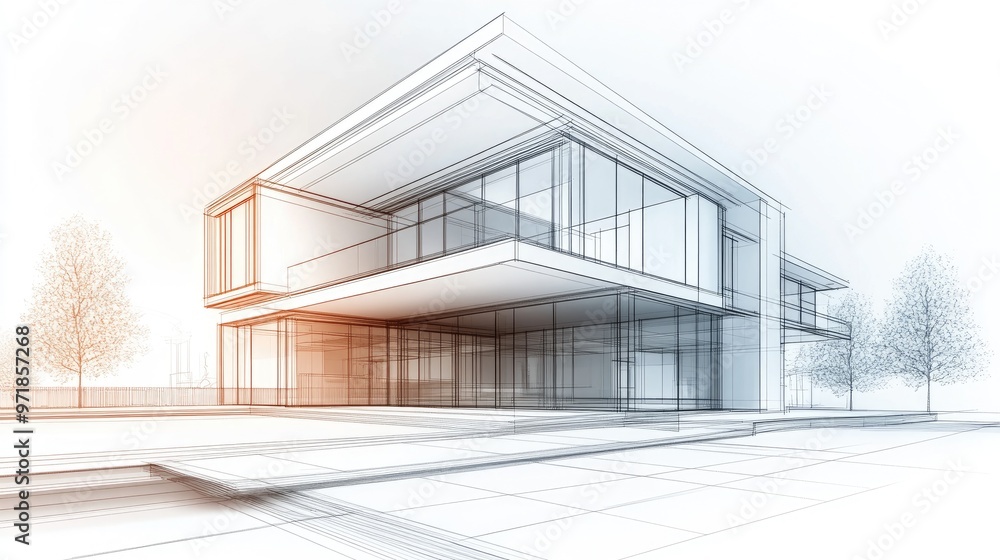 Line art illustration featuring a conceptual sketch of architectural design for a house building in 3D Line art illustration featuring a conceptual sketch of architectural design for a house building in 3D