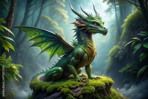 A majestic, emerald-green dragon with intricately scaled skin and piercing yellow eyes majestically perches on a misty,