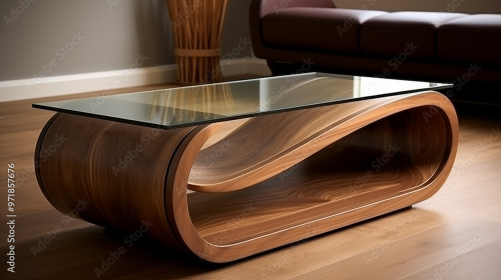 Obraz premium Modern Walnut Coffee Table with Glass Top and Curved Design