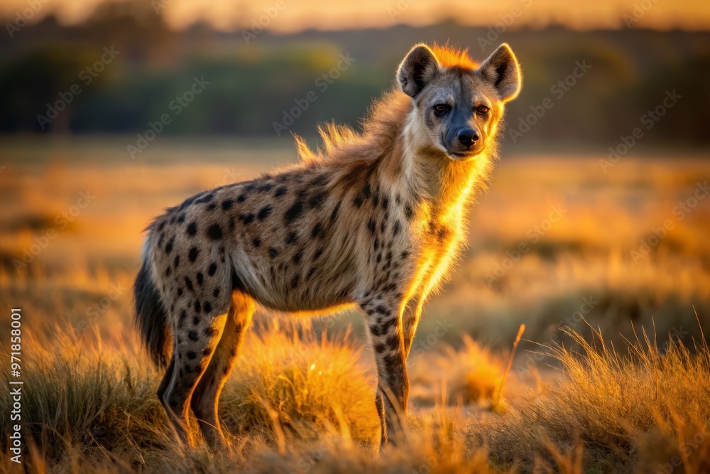 A majestic spotted hyena's distinctive mane stands upright, displaying a striking contrast of dark fur and lighter A majestic spotted hyena's distinctive mane stands upright, displaying a striking contrast of dark fur and lighter