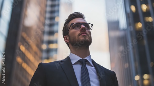 Businessman Looking Up in Cityscape