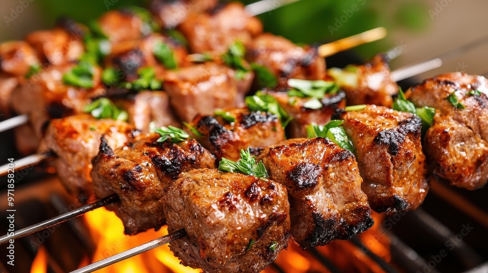 Closeup of Grilled Meat Skewers with Herbs over Flames Closeup of Grilled Meat Skewers with Herbs over Flames