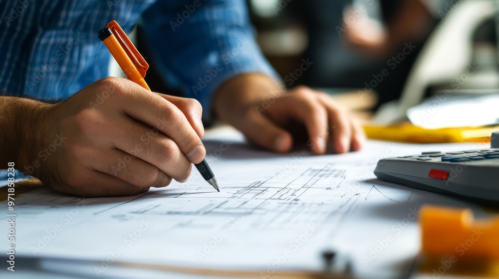 Architect Drawing Plans On Blueprint Architect Drawing Plans On Blueprint
