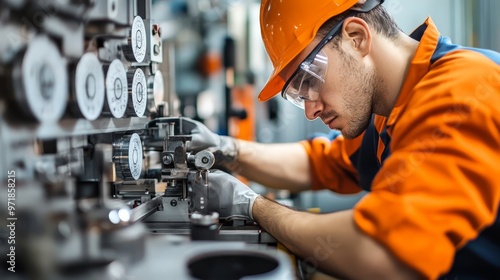 Industrial Worker Operating Machinery in Factory