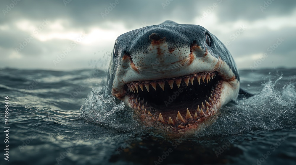 Naklejka premium A fierce shark emerging from the water with its mouth wide open.