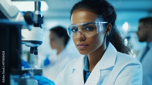 Female Scientist in Lab Coat Looking at Microscope