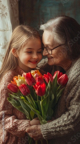 Heartwarming moment of intergenerational bonding as grandmother and granddaughter share a tender embrace, surrounded by vibrant tulips, symbolizing love and renewal.