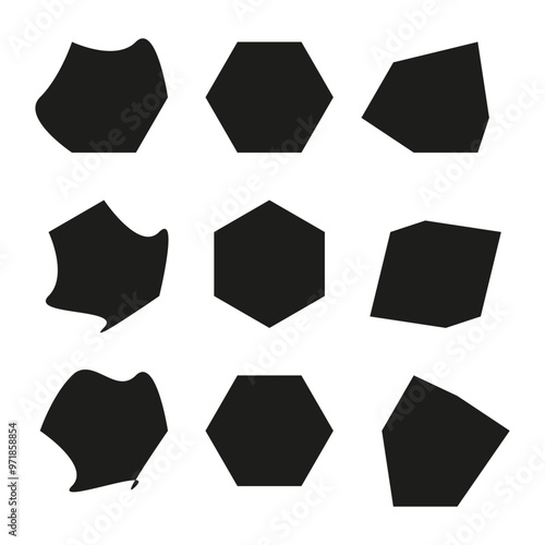 Geometric shape icons. Irregular hexagon variations. Black solid silhouettes. Vector illustration.