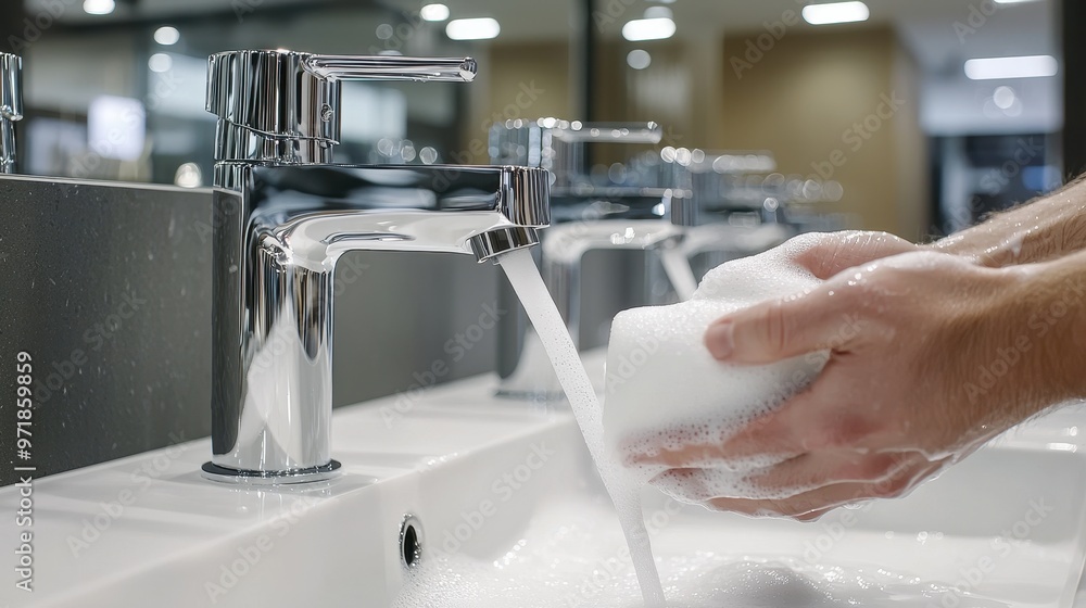 Closeup of Hands Washing in Bathroom Sink with Chrome Faucet