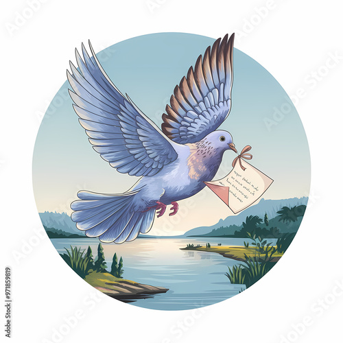 A love letter being delivered by a dove, Realism illustration