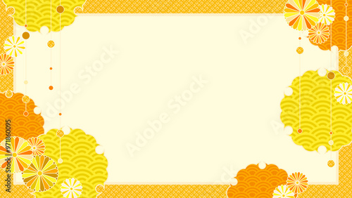 秋色のレトロポップな和風背景、華やかな黄色