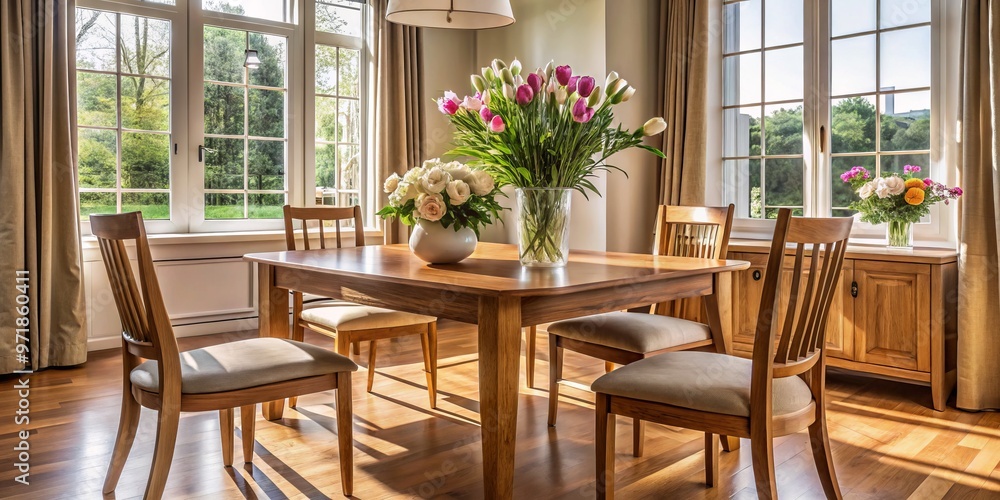 Fototapeta premium Elegant wooden table and chairs sit harmoniously in a cozy room surrounded by the gentle warmth of fresh