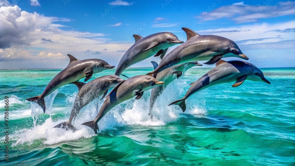 Fototapeta premium A school of sleek, gray dolphins leap and play in the calm, turquoise waters of the ocean, their