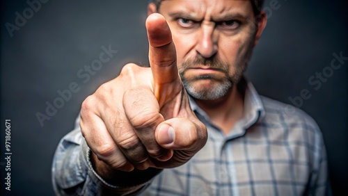 A scornful hand gesture, palm facing outward, middle finger extended in a defiant rebuke, conveying anger, frustration, photo