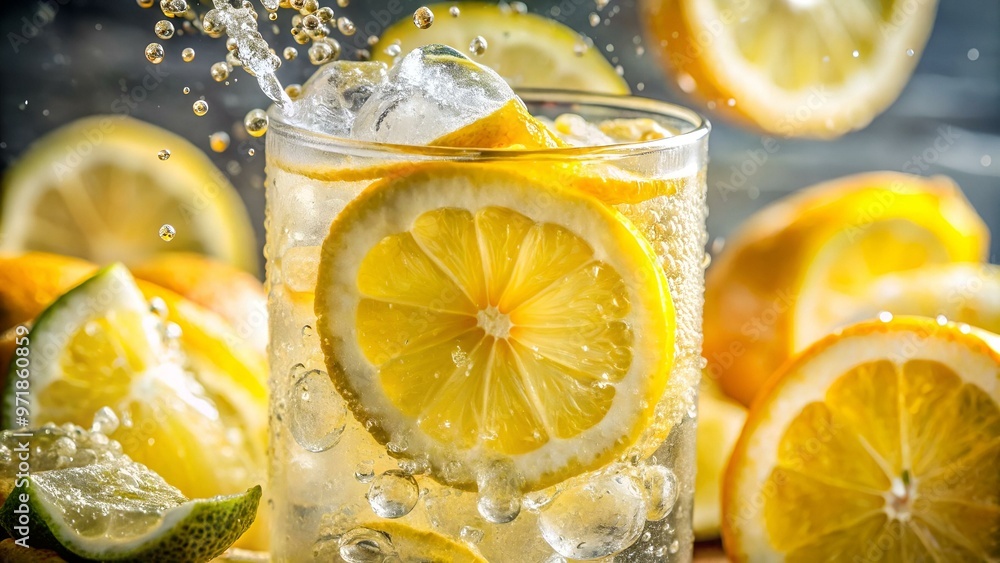 Close up of lemon slices in stirring the lemonade and ice cubes on background. Texture of cooling sweet summer's drink with macro bubbles on the glass wall. Fizzing or floating up to top of surface. Close up of lemon slices in stirring the lemonade and ice cubes on background. Texture of cooling sweet summer's drink with macro bubbles on the glass wall. Fizzing or floating up to top of surface.
