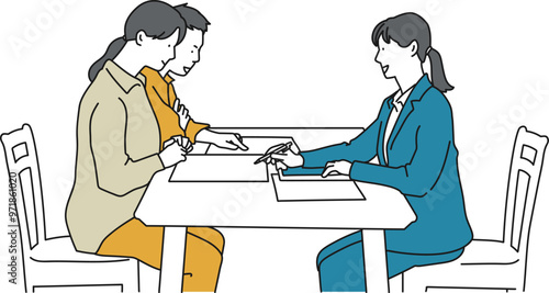 夫婦と営業の打ち合わせシーンのシンプルイラスト