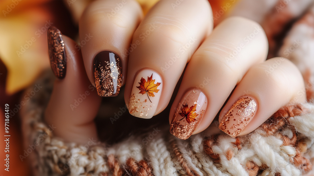 紅葉の葉っぱがデザインされた女性の手のネイルアート 紅葉の葉っぱがデザインされた女性の手のネイルアート
