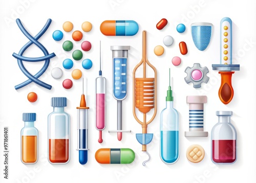 A set of modern, colorful, and stylized vector icons depicting various medical concepts, including pills, syringes, DNA