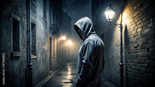 A shadowy figure in a hoodie lurks in a dark alley, illuminated only by a faint streetlight, conveying