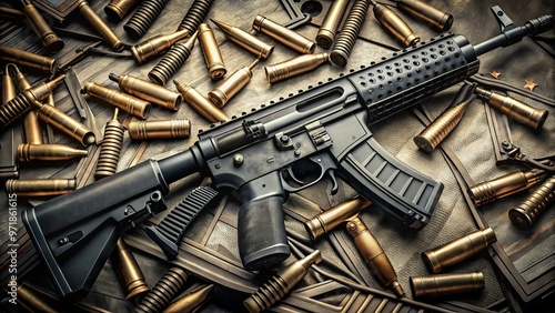 A sleek, black, and intimidating assault rifle lies on a tactical gear background, surrounded by bullets and magazines, photo