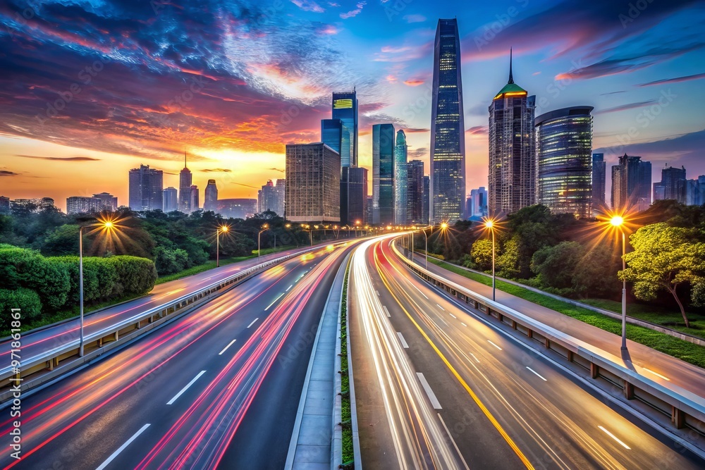 A sleek, modern highway scene at dusk, featuring a dedicated lane for autonomous vehicles or high-speed traffic, A sleek, modern highway scene at dusk, featuring a dedicated lane for autonomous vehicles or high-speed traffic,