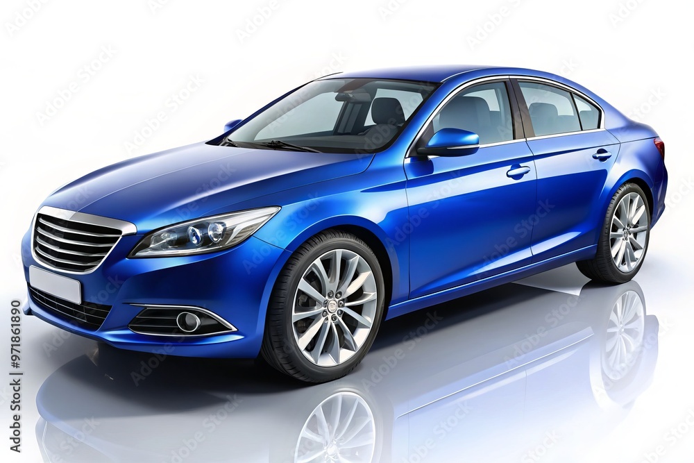 Fototapeta premium A sleek, modern sedan with clean lines, vibrant blue body, and silver accents, set against a pure white