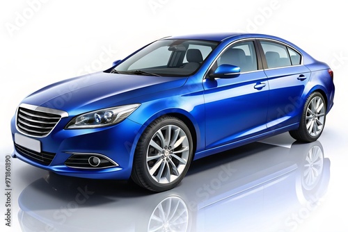 A sleek, modern sedan with clean lines, vibrant blue body, and silver accents, set against a pure white photo