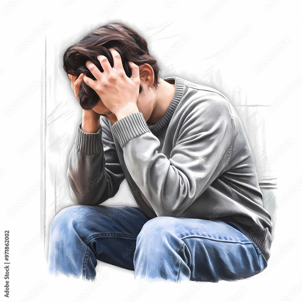 A person sitting with their head in their hands, Colored pencil illustration A person sitting with their head in their hands, Colored pencil illustration