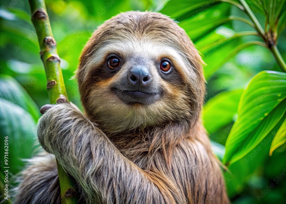 Fototapeta premium A slow-moving sloth with shaggy fur and gentle eyes clings to a lush green branch in the vibrant