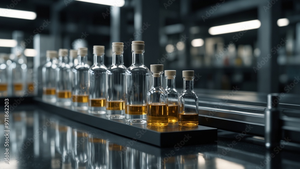 Laboratory with glass bottles containing amber liquid on a tray. Laboratory with glass bottles containing amber liquid on a tray.