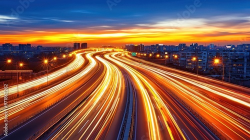 City Highway with Light Trails at Sunset