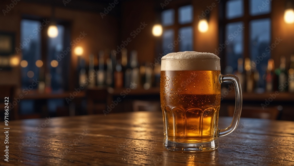 Glass of frothy beer on a wooden bar in a cozy pub interior Glass of frothy beer on a wooden bar in a cozy pub interior