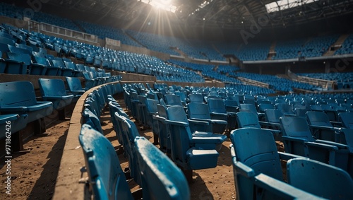 Empty stadium seats with sunlight shining through the stadium roof photo