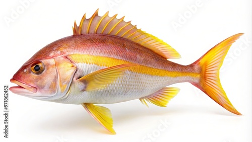 Golden flesh glistens on the white background as the freshly caught yellowfin snapper sits proudly, its scales