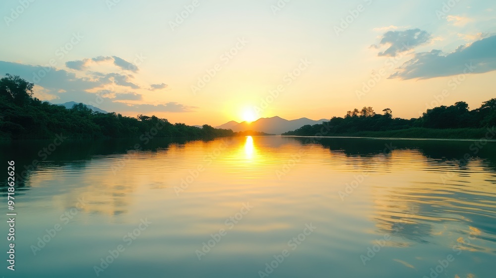 Serene Sunset over Tranquil Lake Landscape with Reflection Serene Sunset over Tranquil Lake Landscape with Reflection
