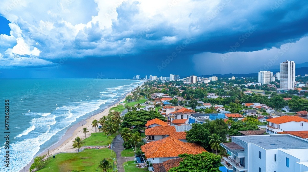 Naklejka premium Scenic Tropical Beachfront Cityscape with Residential Buildings and Palm Trees
