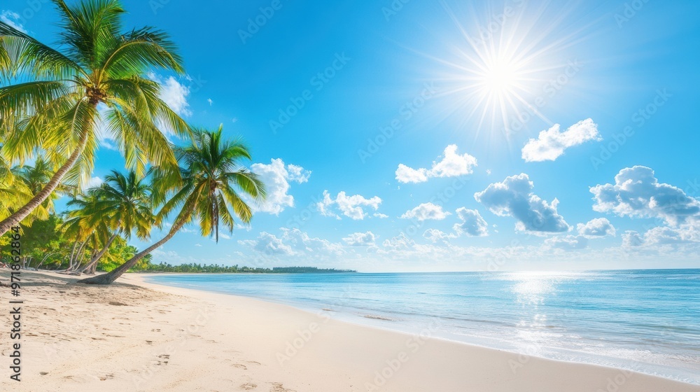 Obraz premium Stunning Tropical Beach with Palm Trees and Blue Ocean Waves under Bright Sunshine