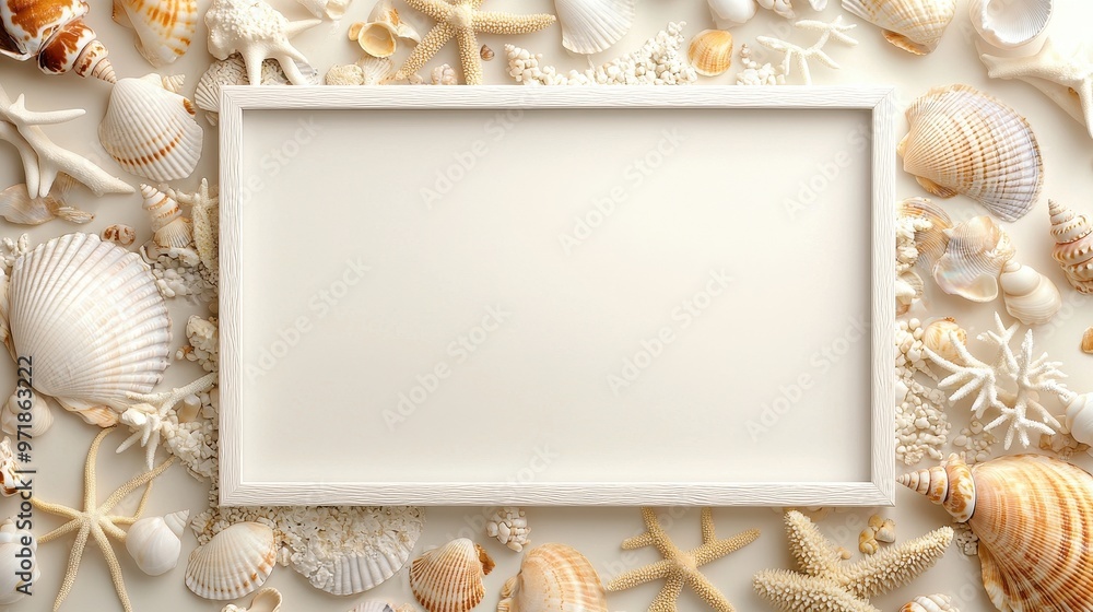 Obraz premium Seashells and Starfish Surrounding White Frame Mockup