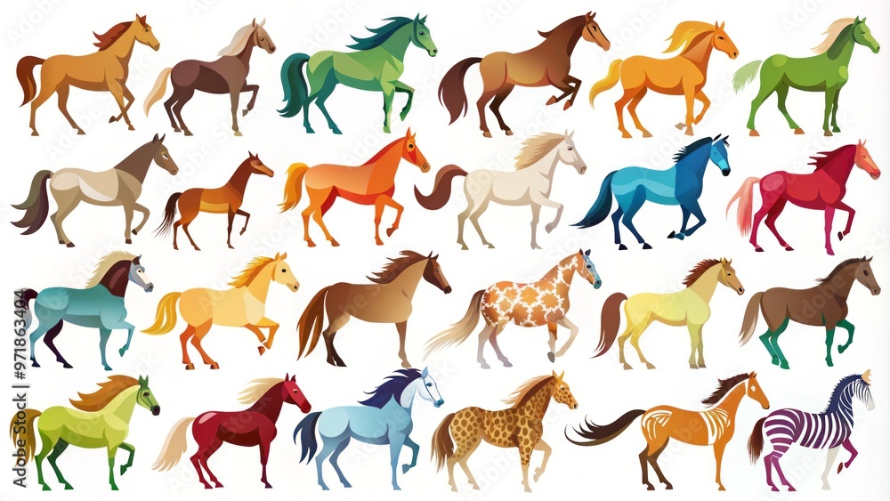 Horse symbols in bold blue, bright red, and soft cream emerge against a pristine white background, diverse and Horse symbols in bold blue, bright red, and soft cream emerge against a pristine white background, diverse and