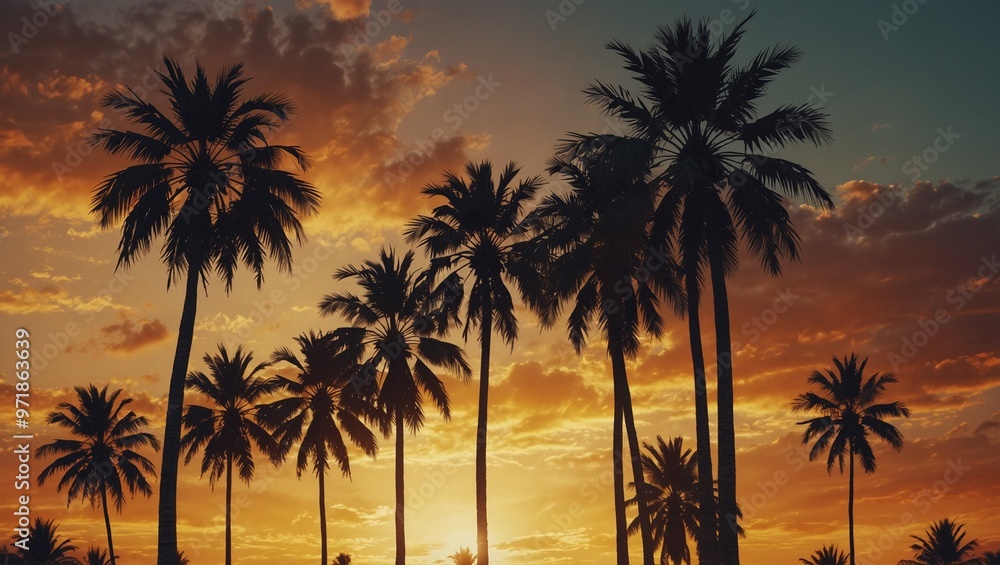 Palm trees silhouette against a beautiful orange sunset sky. Palm trees silhouette against a beautiful orange sunset sky.