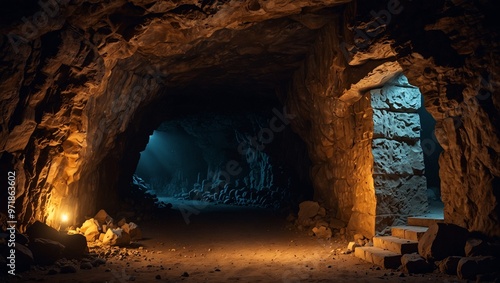Wallpaper Mural Dimly lit cave interior with glowing entrances and rough pathways Torontodigital.ca