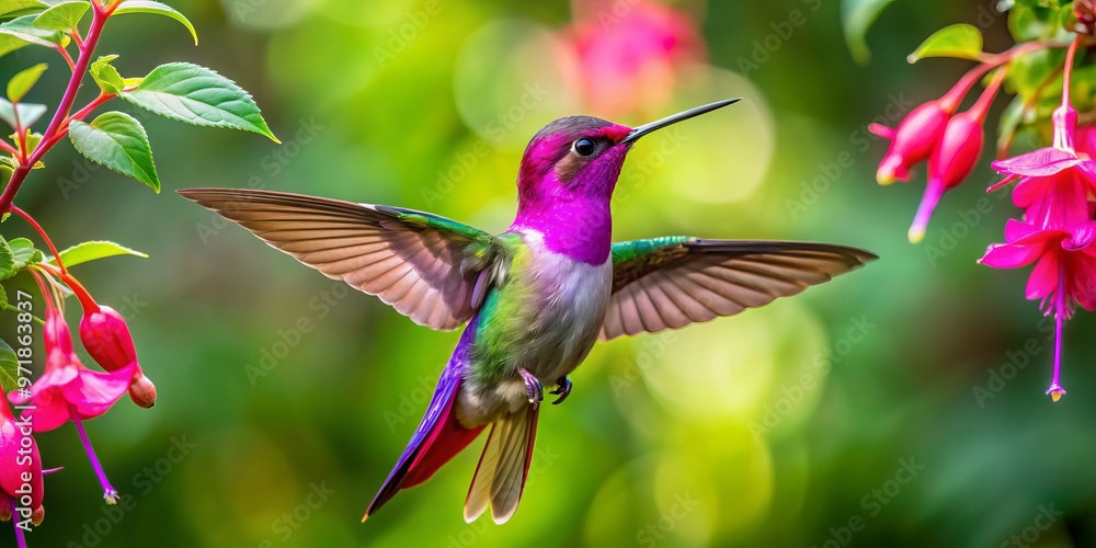 In a burst of color, the fuchsia flower unfurls its trumpet-shaped blooms amidst a tapestry of emerald green In a burst of color, the fuchsia flower unfurls its trumpet-shaped blooms amidst a tapestry of emerald green