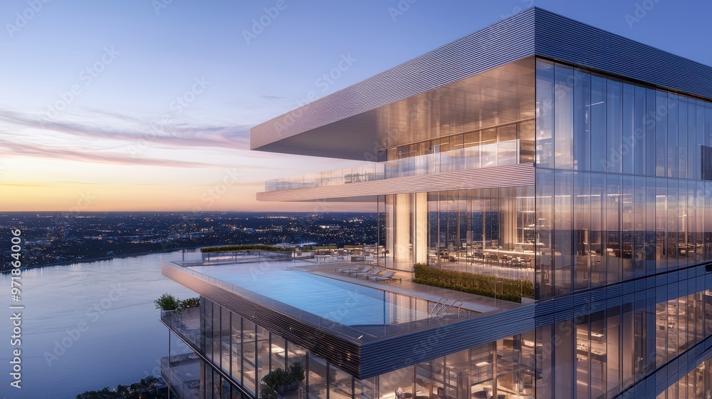 Modern Rooftop Infinity Pool with City Skyline View at Dusk Modern Rooftop Infinity Pool with City Skyline View at Dusk