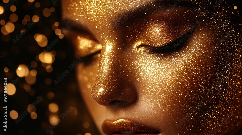 Mesmerizing close-up of a woman's face adorned with shimmering gold glitter makeup, eyes closed in serene expression against a backdrop of warm, blurred lights. Mesmerizing close-up of a woman's face adorned with shimmering gold glitter makeup, eyes closed in serene expression against a backdrop of warm, blurred lights.